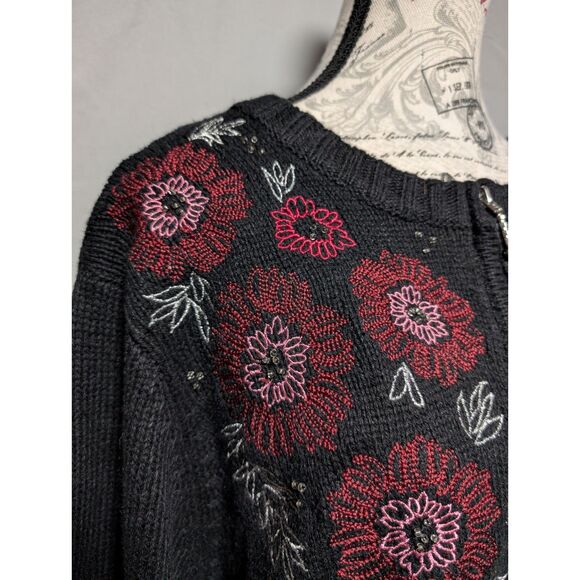 Croft & Barrow Black Embroidered Floral Zip Silk Knit Sweater Women's Plus 1X - Picture 3 of 9